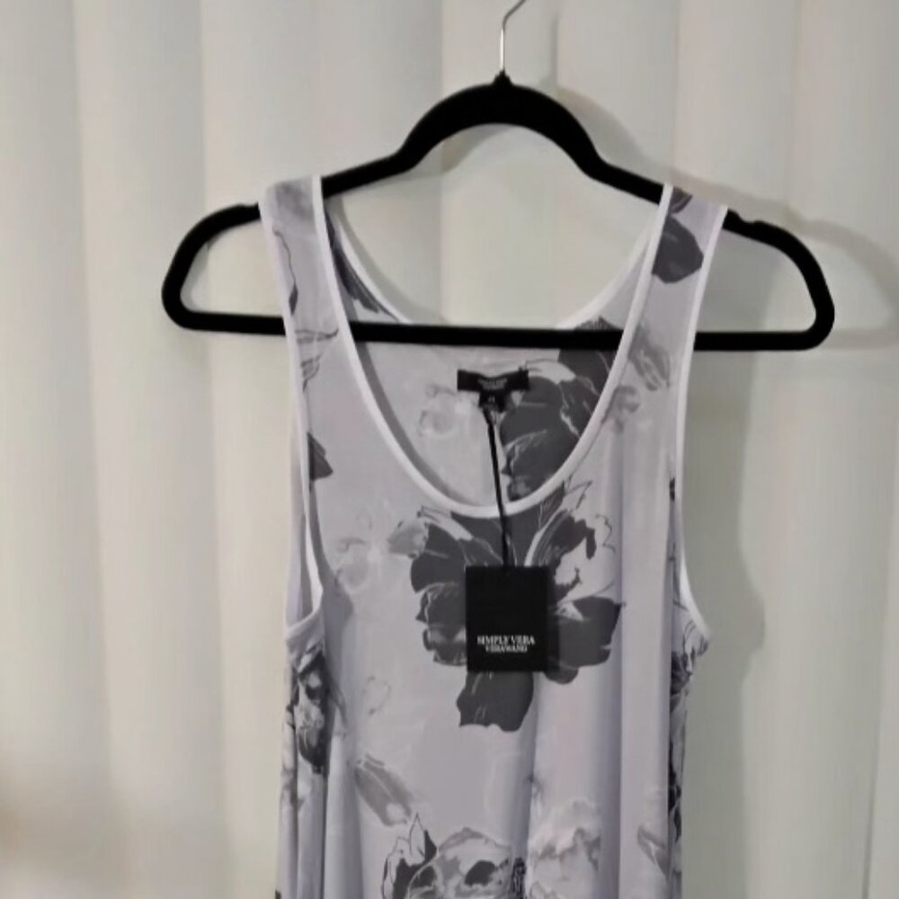 NWT Ladies Simply Vera Gray Floral Tank Night Gown with Sheer Hemline Detail